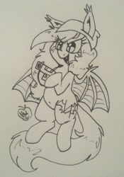 Size: 894x1280 | Tagged: safe, artist:notenoughapples, oc, oc only, oc:starstruck symphony, bat pony, pony, bat ponified, gun, inktober, monochrome, race swap, solo, traditional art, weapon