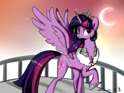 Size: 1600x1200 | Tagged: safe, artist:haden-2375, twilight sparkle, twilight sparkle (alicorn), alicorn, pony, comic:recall the time of no return, balcony, crescent moon, crown, evil, female, jewelry, long mane, mare, moon, older, older twilight, queen, queen twilight, raised hoof, regalia, solo, spread wings, tyrant sparkle, ultimate twilight