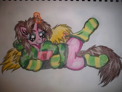 Size: 3648x2736 | Tagged: safe, artist:shelby100, oc, oc only, oc:carmela, alicorn, pony, 3ds, alicorn oc, camouflage, clothes, hoodie, nintendo, socks, solo, striped socks, tongue out, traditional art