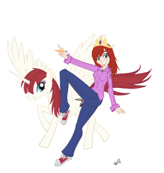 Size: 2200x2328 | Tagged: safe, artist:awesomeasiwannabe, artist:rio-mccarthy, oc, oc:fausticorn, alicorn, human, pony, alicorn oc, clothes, converse, crown, hail to the queen baby, human ponidox, lauren faust, pencil, ponified, shoes, smiling