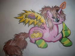 Size: 3648x2736 | Tagged: safe, artist:shelby100, oc, oc only, oc:carmela, alicorn, pony, alicorn oc, brush, clothes, comb, messy mane, socks, solo, striped socks, traditional art