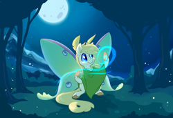 Size: 1024x701 | Tagged: safe, artist:meekcheep, oc, oc only, mothpony, original species, luna moth, magic, moon, night, sitting, solo