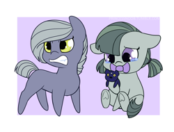 Size: 1280x975 | Tagged: safe, artist:estrill, limestone pie, marble pie, earth pony, pony, ursa minor, angry, baby, baby pony, big sister instinct, cute, doll, duo, female, filly, foal, gritted teeth, limabetes, marblebetes, pacifier, plushie, sisters, teddy bear, toy, ursa plush, younger