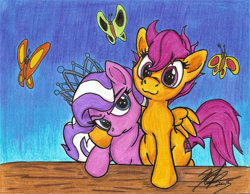 Size: 2187x1695 | Tagged: safe, artist:artponymdp, diamond tiara, scootaloo, butterfly, earth pony, pegasus, pony, female, lesbian, scootiara, shipping