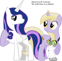 Size: 811x795 | Tagged: safe, artist:dlazerous, dinky hooves, oc, oc:dawn, body part swap, goggles, leg swap, magical lesbian spawn, offspring, older, parent:princess luna, parent:twilight sparkle, parents:twiluna, swap