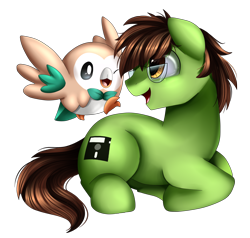 Size: 2230x2126 | Tagged: safe, artist:pridark, oc, oc only, oc:analogue, earth pony, pony, commission, glasses, lying down, open mouth, pokémon, rowlet, simple background, transparent background