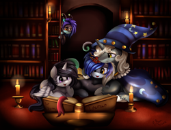 Size: 3065x2346 | Tagged: safe, artist:pridark, star swirl the bearded, oc, book, candle, cape, clothes, commission, fascinating, fire, hat, library, open mouth, reading, signature, wizard hat