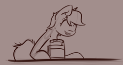 Size: 1280x677 | Tagged: safe, artist:itspencilguy, oc, oc only, oc:icepick, earth pony, pony, fallout equestria, fallout equestria: transient, alcohol, beer, eyes closed, fanfic, fanfic art, female, food, hooves, laughing, mare, monochrome, mug, open mouth, simple background, solo, tankard