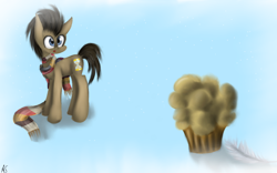 Size: 1280x800 | Tagged: safe, artist:asiul-shira, doctor whooves, pony, backwards cutie mark, christmas, clothes, feather, food, implied derpy, male, muffin, present, scarf, signature, snow, solo, stallion, tom baker's scarf