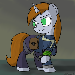 Size: 4000x4000 | Tagged: safe, artist:ashtoneer, oc, oc only, oc:littlepip, pony, unicorn, fallout equestria, absurd resolution, clothes, fanfic, fanfic art, female, mare, pipbuck, saddle bag, solo, vault suit