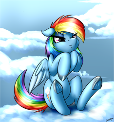 Size: 1791x1915 | Tagged: safe, artist:strachattack, rainbow dash, pegasus, pony, cloud, grumpy, pouting, sitting, solo, underhoof