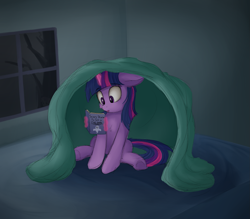 Size: 1659x1450 | Tagged: safe, artist:vanillaghosties, sweetie belle, twilight sparkle, pony, unicorn, blanket, book, female, filly, floppy ears, ghost story, glowing horn, indoors, magic, mare, night, reading, sitting, telekinesis, tree, when you see it, window