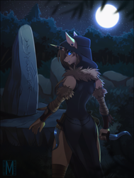 Size: 1135x1500 | Tagged: safe, artist:margony, oc, oc only, anthro, unicorn, anthro oc, clothes, forest, full moon, knife, looking at you, looking back, moon, piercing, scenery, side slit, solo, stars