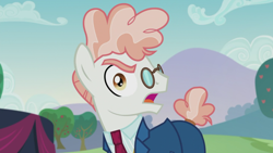Size: 1366x768 | Tagged: safe, screencap, svengallop, earth pony, pony, the mane attraction, clothes, frown, glare, glasses, looking at you, male, necktie, open mouth, pants, punchable, shirt, solo, stallion, suit, wide eyes