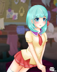 Size: 1600x2000 | Tagged: safe, artist:vanillafox2035, coco pommel, human, made in manehattan, blushing, clothes, coco's apartment, cocobetes, cute, female, humanized, miniskirt, scene interpretation, sitting, skirt, solo