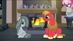 Size: 1920x1080 | Tagged: safe, edit, editor:redweasel, screencap, big macintosh, cheerilee, marble pie, earth pony, pony, hearthbreakers, ponyville confidential, angry, female, fire, fireplace, jealous, looking at each other, male, mare, ninja, rock doll, sitting, stallion