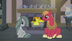 Size: 1366x768 | Tagged: safe, screencap, big macintosh, marble pie, earth pony, pony, hearthbreakers, duo, female, fire, fireplace, looking at each other, male, mare, rock doll, sitting, stallion