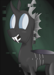 Size: 2170x3000 | Tagged: safe, artist:darklordsnuffles, changeling, error, glitch, happy, sharp teeth, smiling, solo, white changeling