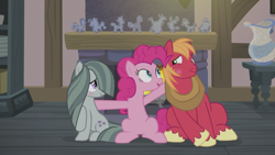 Size: 1366x768 | Tagged: safe, screencap, big macintosh, marble pie, earth pony, pony, hearthbreakers, blushing, female, male, mare, rock doll, sitting, stallion, trio