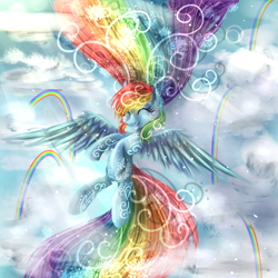 Size: 1000x1000 | Tagged: safe, artist:karmamoonshadow, rainbow dash, pegasus, pony, cloud, eyes closed, flying, rainbow, smiling, solo