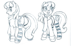 Size: 872x566 | Tagged: safe, artist:brianblackberry, cheerilee, bottomless, clothes, dock, flowerbutt, jacket, monochrome, partial nudity, plot, scarf, sketch, socks, solo, striped socks