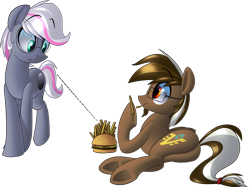 Size: 1773x1329 | Tagged: safe, artist:january3rd, oc, oc only, oc:jannie daze, oc:yoshi ringo, burger, cute, eating, food, french fries, hamburger, plot, ponies eating meat, simple background, transparent background, underhoof