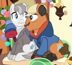 Size: 771x696 | Tagged: safe, screencap, earth pony, pony, hearthbreakers, clothes, coat, cropped, duo, facial hair, jacket, john candy, male, moustache, neighl page, planes trains and automobiles, ponified, reference, sitting, stallion, steve martin