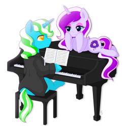 Size: 2000x2000 | Tagged: safe, artist:exceru-karina, oc, oc only, oc:milagra lilac, oc:mojitojoe, pony, unicorn, married, music, necktie, piano, romantic, simple background, transparent background, two colour hair