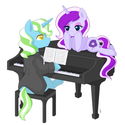 Size: 2000x2000 | Tagged: safe, artist:exceru-karina, oc, oc only, oc:milagra lilac, oc:mojitojoe, pony, unicorn, married, music, necktie, piano, romantic, two colour hair