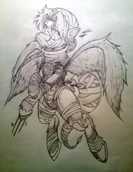 Size: 2297x2980 | Tagged: safe, artist:tamikimaru, oc, oc only, oc:morning dewelynn, pegasus, pony, clothes, cosplay, costume, monochrome, nintendo, sheik, solo, the legend of zelda, traditional art