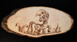 Size: 1280x708 | Tagged: safe, artist:horseez, zecora, zebra, craft, log, monochrome, pyrography, solo, traditional art, tree stump, wood, woodwork