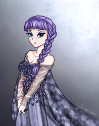 Size: 573x731 | Tagged: safe, artist:superkeen, boulder (pet), maud pie, human, beautiful, cleavage, clothes, costume, crossover, disney, dress, elsa, female, frozen (movie), humanized, lipstick, smiling, solo, when she smiles