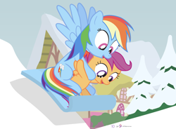 Size: 1000x735 | Tagged: safe, artist:dm29, rainbow dash, scootaloo, pegasus, pony, advent calendar, best pony, duo, heartwarming, holiday horse days, scootalove, sled, sledding, snow