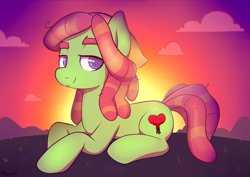 Size: 2500x1773 | Tagged: safe, artist:moozua, tree hugger, earth pony, pony, female, hippie, looking at you, mare, prone, signature, smiling, smiling at you, solo, sunset