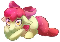 Size: 525x369 | Tagged: safe, artist:scissorsrunner, apple bloom, earth pony, pony, behaving like a dog, female, filly, floppy ears, simple background, solo, white background