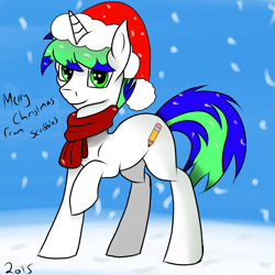 Size: 3000x3000 | Tagged: safe, artist:scribbles151, oc, oc only, 2015, christmas, happy holidays, hat, holiday, merry christmas, santa hat, snow, snowfall, solo