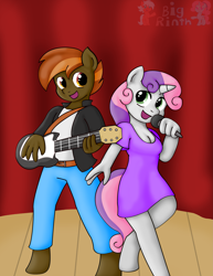 Size: 2543x3291 | Tagged: safe, artist:bigrinth, button mash, sweetie belle, anthro, unguligrade anthro, female, guitar, male, shipping, singing, straight, sweetiemash