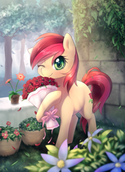 Size: 1187x1630 | Tagged: safe, artist:aymint, part of a set, roseluck, earth pony, pony, bouquet, brick wall, colored pupils, cute, female, flower, forest, looking at you, mare, one eye closed, petals, potted plant, raised hoof, ribbon, rose, seasons, solo, spring, table, tablecloth, wink