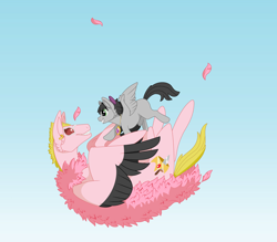 Size: 3992x3496 | Tagged: safe, artist:abariacloud, oc, oc:noemi, crossover, donquixote doflamingo, duo, falling, freefall, gradient background, looking at each other, one piece, ponified, sky, smiling, spread wings