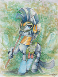 Size: 1295x1710 | Tagged: safe, artist:mapony240, zecora, zebra, braid, earring, female, jar, mare, mask, neck rings, piercing, resistance leader zecora, saddle, solo, spear, traditional art, weapon