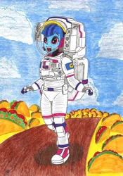 Size: 4888x6992 | Tagged: safe, artist:metaldudepl666, sonata dusk, equestria girls, absurd resolution, astronaut, cloud, commission, food, happy, solo, sonataco, spacesuit, starry eyes, taco, traditional art, wingding eyes