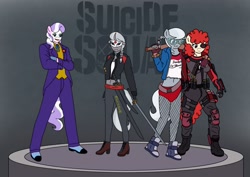 Size: 1754x1240 | Tagged: safe, artist:linedraweer, diamond tiara, silver spoon, twist, oc, oc:star clover, anthro, anthro oc, belly button, clothes, commission, costume, dc comics, deadshot, halloween, harley quinn, katana, midriff, suicide squad, sword, the joker, weapon