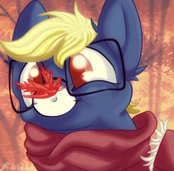 Size: 414x406 | Tagged: dead source, safe, artist:beastpaws, oc, oc only, oc:techno trance, autumn, clothes, glasses, leaf, scarf, smiling, solo