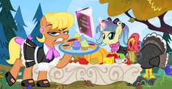 Size: 950x494 | Tagged: safe, artist:pixelkitties, ms. harshwhinny, pixel pizazz, equestria girls, clothes, cupcake, equestria girls ponified, food, maid, meat, pie, ponified, pumpkin, thanksgiving, to serve man, turkey, votehorse