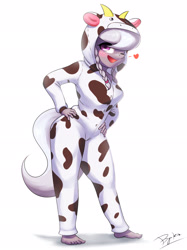 Size: 2000x2667 | Tagged: safe, artist:burgerkiss, silver spoon, anthro, cow, plantigrade anthro, barefoot, clothes, costume, cute, feet, female, heart, kigurumi, looking at you, one eye closed, open mouth, silver moo, smiling, solo, wink