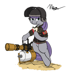 Size: 1200x1250 | Tagged: safe, artist:messenger, maud pie, earth pony, pony, semi-anthro, armband, australium minigun, bipedal, crossover, eating, female, food, heavy, leaning, mare, minigun, sandwich, simple background, solo, team fortress 2, transparent background, weapon