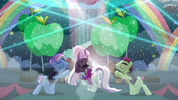 Size: 1920x1080 | Tagged: safe, screencap, coloratura, limelight, pony, the mane attraction, background dancers, cheekbones, countess coloratura, female, mare, new wave (character), plot, raised leg, spectrum shades, stage, turbo bass