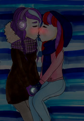 Size: 1400x2000 | Tagged: safe, artist:princessofcoffee, glory, moondancer (g1), human, g1, blushing, female, glorydancer, humanized, kissing, lesbian, shipping, traditional art, winter