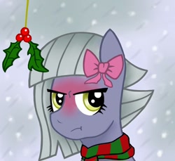 Size: 960x881 | Tagged: safe, artist:radek1212, limestone pie, blushing, christmas, cute, fanart, food, holly, holly mistaken for mistletoe, limabetes, limetsun pie, pie, snow, snowfall, solo, tsundere