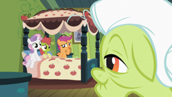Size: 1366x768 | Tagged: safe, screencap, apple bloom, granny smith, scootaloo, sweetie belle, family appreciation day, bed, cutie mark crusaders, thermometer